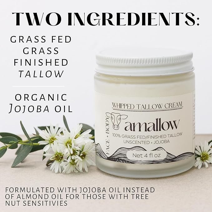 Amallow 100% Grass Fed Beef Tallow for Skin Care - Face + Body - Whipped Moisturizer for Sensitive Skin - Natural Lotion, 4 FL. oz. (Unscented + Jojoba Oil)-GlimoraGlow