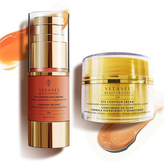 AM/PM Anti-Aging Kit Eye Contour Duo, Deep Hydration Eye Contour Cream with Cotton Stem Cells & Hyaluronic Acid (AM), Eye Contour Anti-Fatigue with Arabic Coffee for Under Eye Lines Protection(PM)-GlimoraGlow