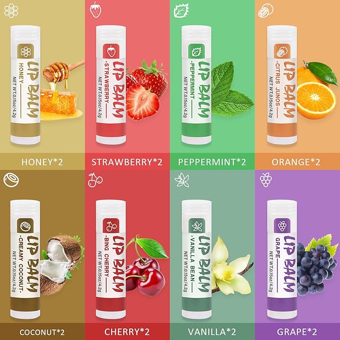 16 Pack Lip Balm, Natural Lip Balm Bulk with Vitamin E and Coconut Oil, Moisturizing Lip Balm for Dry Cracked Lips, Lip Balm for Stocking Stuffers - 8 Flavors-GlimoraGlow