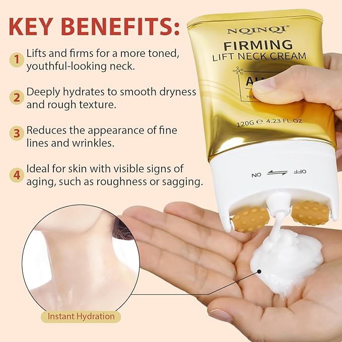 AH-8 Firming Neck Cream with Roller - Neck and Chest Firming Cream to Lift, Tighten & Smooth Sagging Skin, Reduce Wrinkles & Hydrate for Youthful Neck, 4.23 Fl Oz-GlimoraGlow