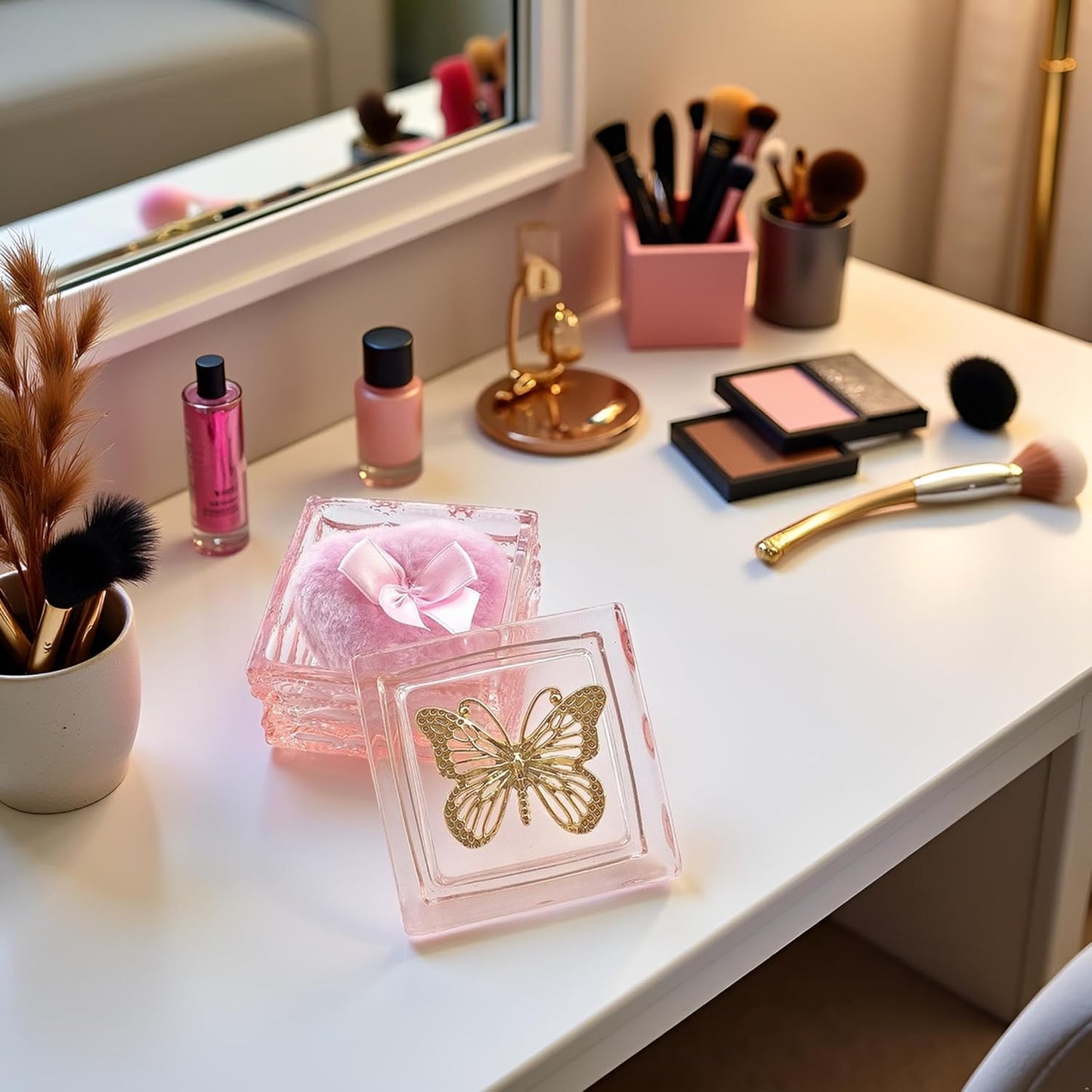 Body Powder Puff and Container - Glass Dusting Powder Container with Soft Puffs Vintage Powder Puff Case for Women & Girls (3.23x3.23x2.95 H IN) - GRB016-Pink-GlimoraGlow