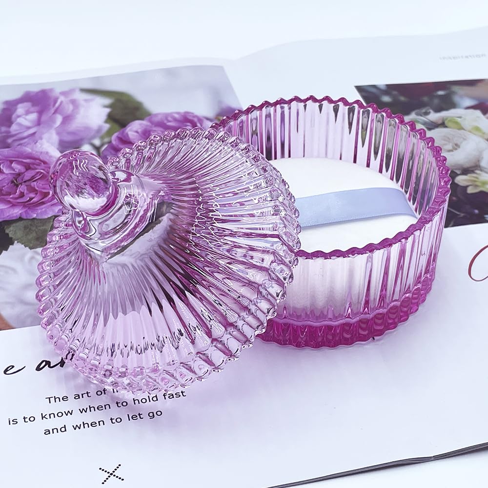 Ultra Soft Powder Puff and Container 3.3" High Density Velvet Dusting Washable Reusable Powder Puff,Body Powder Puff and Glass Jar Holder Loose Powder Box with Puff for Face Makeup(Pink)-GlimoraGlow