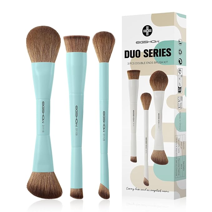 EIGSHOW Makeup Brush Set, 3Pcs Dual Ended Face Makeup Brushes for Foundation Powder Contour Highlight Concealer Nose Shadow, Travel Gift Set (Cyan)-GlimoraGlow