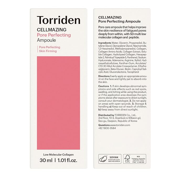 Torriden CELLMAZING Pore Perfecting Ampoule 30ml (1.01 fl.oz.) | Improving Skin Elasticity | 5D Collagen, Peptide Complex, PHA, LHA | Korean Facial Serum, Korean Skin Care-GlimoraGlow