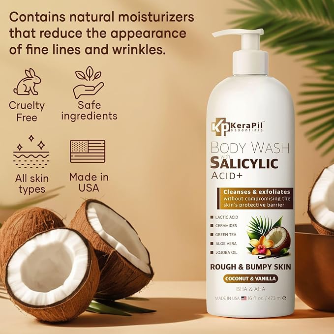 Exfoliating Body Wash with Salicylic Acid - No Dry Out, Gentle Exfoliates Rough and Bumpy Skin, Body Acne Wash, BHA & AHA - Coconut and Vanilla with Salicylic Acid - (16 fl oz)-GlimoraGlow