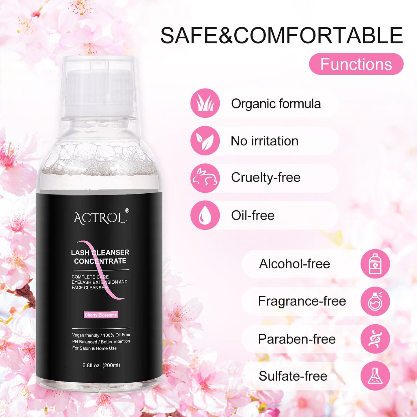 Eyelash Cleanser Concentrate 200ml Cherry Blossoms Professional Lash Shampoo Foaming Cleanser DIY Paraben & Sulfate Free Non-lrritating Wash for Extensions Lashes with Salon Home Care-Makes 20 Bottles-GlimoraGlow