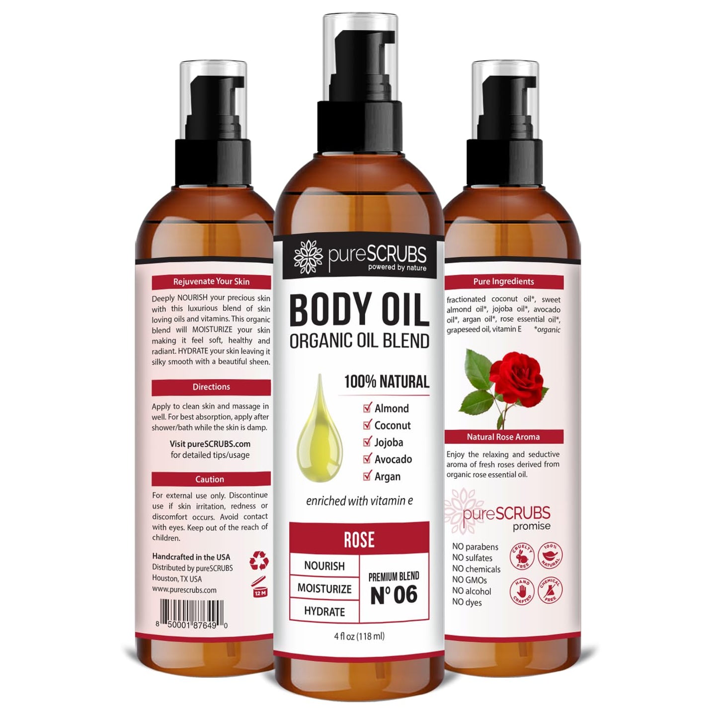 pureSCRUBS Ultra Moisturizing Rose Body Oil Spray for Dry Skin, Massage, Cuticles & More, Organic Super Blend of Jojoba, Argan, Coconut, Sweet Almond & Avocado Oils Enriched with Vitamin E, Lg 4oz-GlimoraGlow