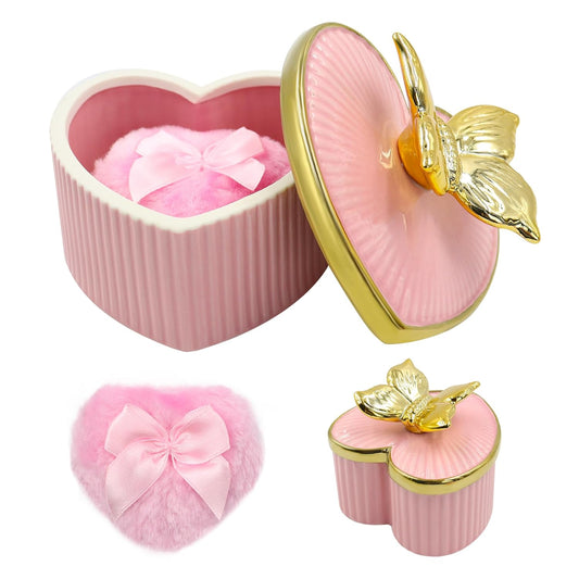 Large Body Powder Puff and Container, Ceramics Dusting Powder Container with 2 PCS Washable Heart Shaped Body Puff, Butterfly Dusting Case for Wet and Dry Makeup (Pink)-GlimoraGlow