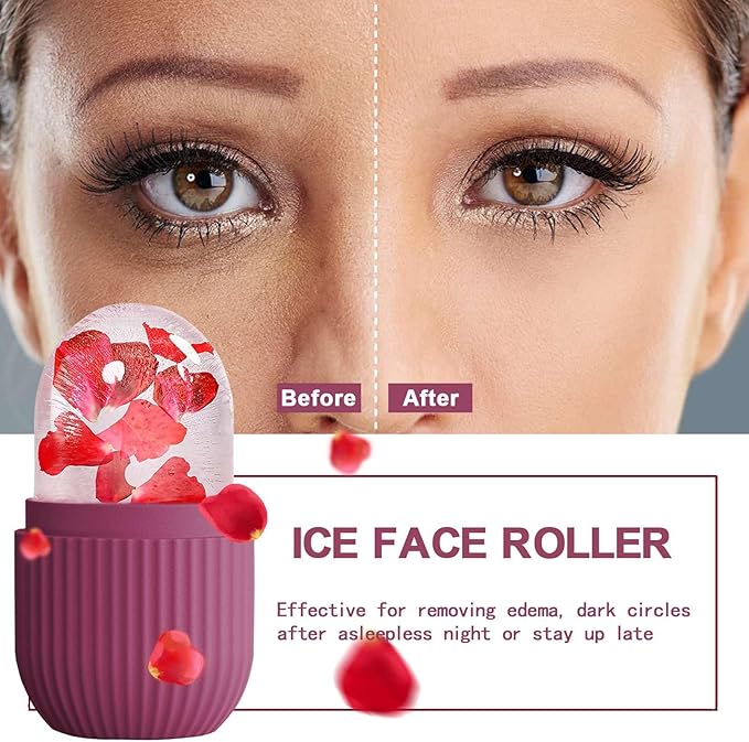 XHJRI Ice Face Roller Massager,Ice Cube Roller for Face, Eyes and Neck Naturally Conditioning and Skin Care,De-Puff Eye Bags,Reduce Migraine Pain,Reusable Massage Silicone Ice Mold (Rose)-GlimoraGlow