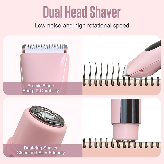 2 in 1 Bikini Trimmer for Women Dual Head Electric Shaver with LED Display,IPX7 Waterproof Wet & Dry, Painless Shaver for Underarm Leg Arm Body Face Private Area Pink-GlimoraGlow