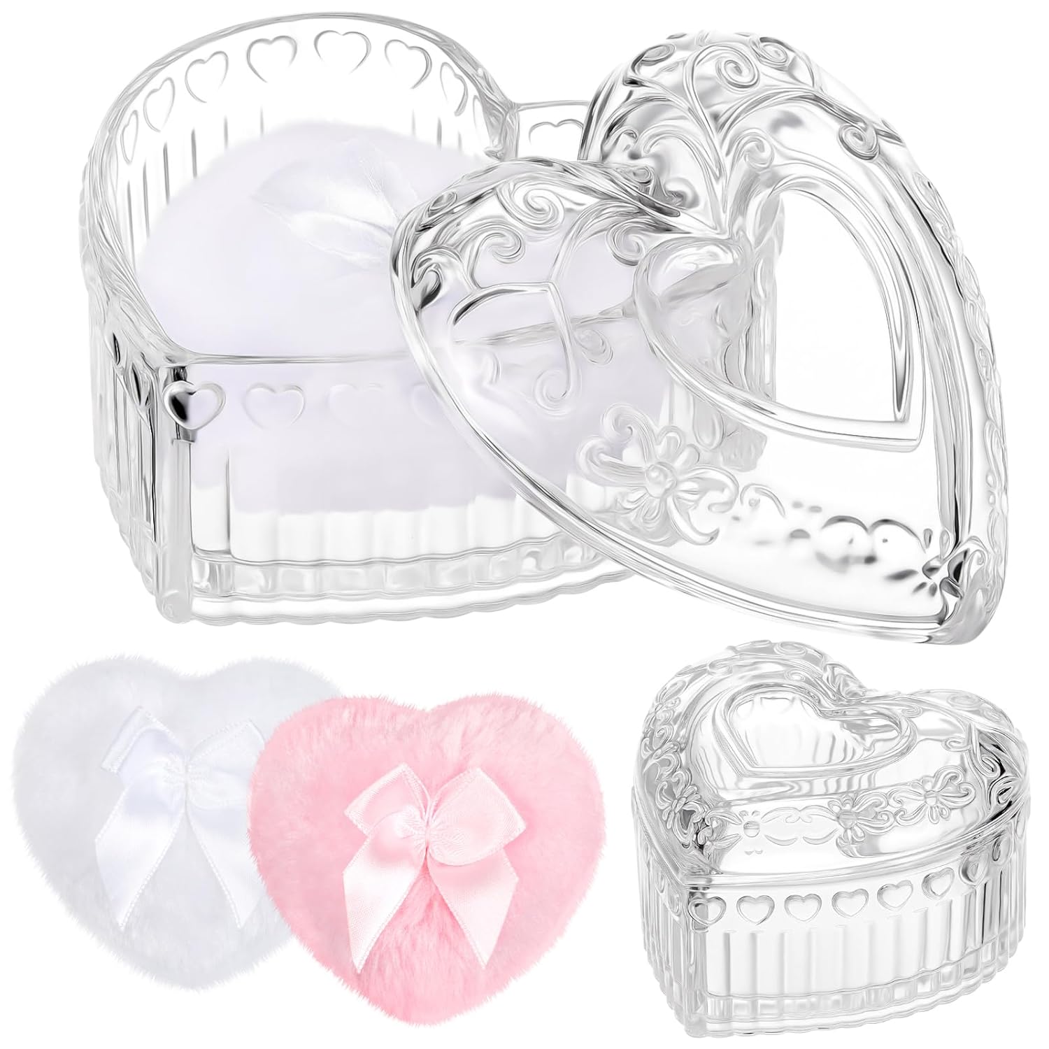 Tioncy 3 Pcs Large Body Powder Puff and Powder Container with Puff Crystal Container Soft Washable Reusable Velour Face Body Glitter Wet Dry Makeup Heart (Clear)-GlimoraGlow