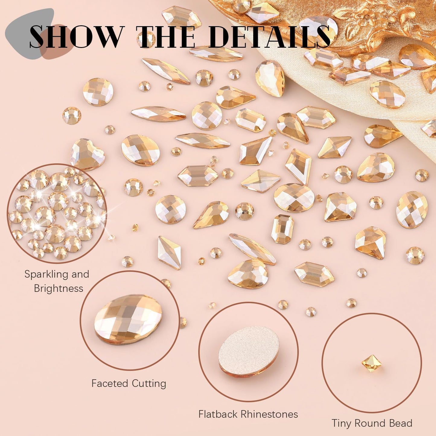 2060Pcs Champagne Gold Glass Nail Rhinestones 60Pcs Multi Shapes Flatback Nail Gems + 2000Pcs 1.5-4mm Round Crystal, Manicure Nail Charms Diamond Gemstone for Acrylic Nails Decoration-GlimoraGlow