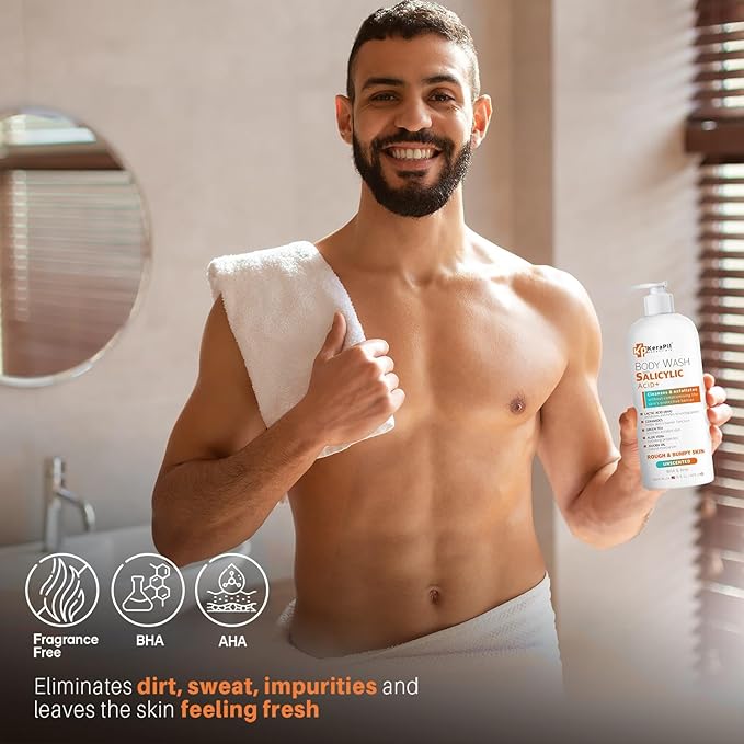 Salicylic Acid Body Wash - Skin Non-drying, Gentle Exfoliates Rough and Bumpy Skin, Body Acne Wash, BHA & AHA - Unscented Exfoliating Body Wash, Made in USA - (16 fl oz x 2)-GlimoraGlow