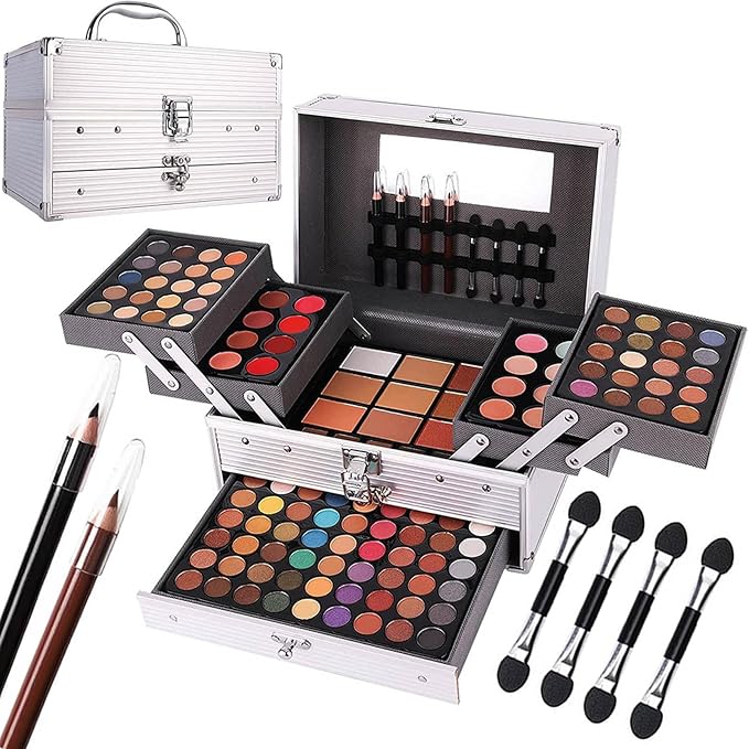 132 Color All In One Makeup Kit,Professional Makeup Case Set for Teen Girls, Multicolor Eyeshadow Palette(006N2-Silver)-GlimoraGlow