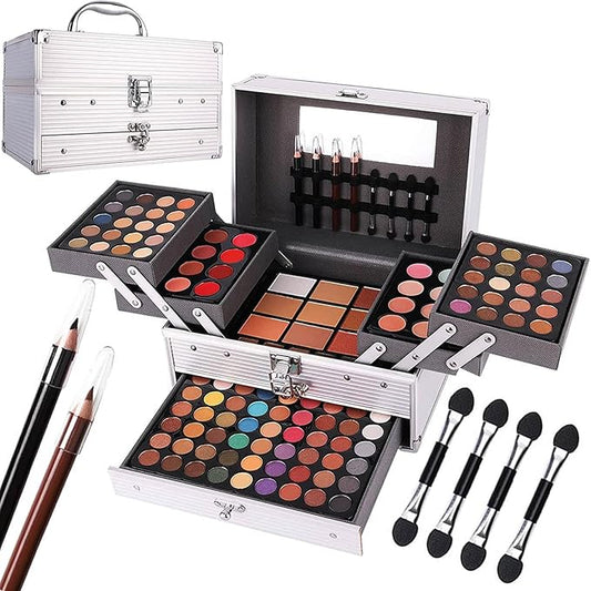 132 Color All In One Makeup Kit,Professional Makeup Case Set for Teen Girls, Multicolor Eyeshadow Palette(006N2-Silver)-GlimoraGlow