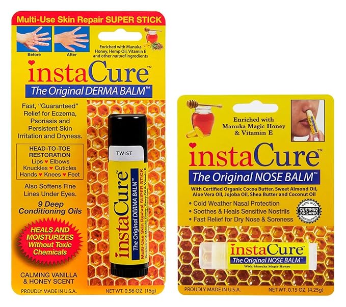 InstaCure's Original Nose Balm with Manuka Honey. Fast Relief for Cracked, Dry & Sore Noses + InstaCure Original Derma Balm Jumbo-Sized Skin Revival Tube. Soothes & Heals Dry, Irritated Skin-GlimoraGlow
