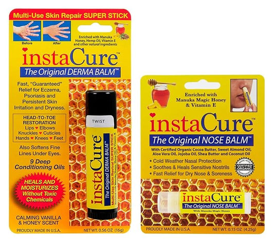 InstaCure's Original Nose Balm with Manuka Honey. Fast Relief for Cracked, Dry & Sore Noses + InstaCure Original Derma Balm Jumbo-Sized Skin Revival Tube. Soothes & Heals Dry, Irritated Skin-GlimoraGlow