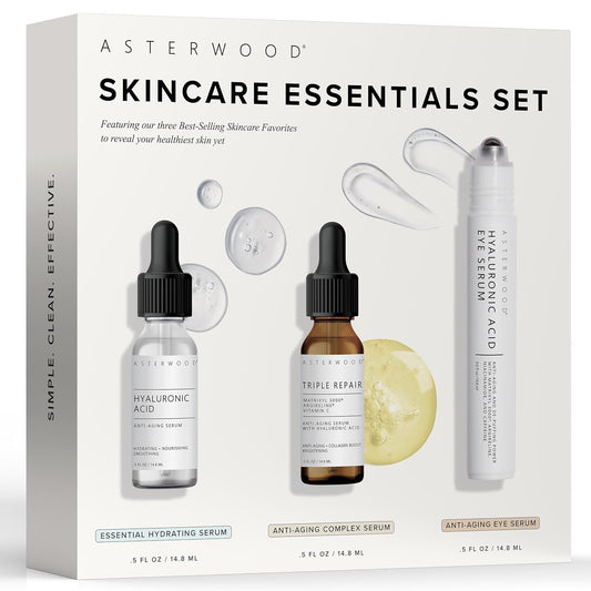 Asterwood Skin Care Set - with Hyaluronic Acid & Triple Repair Serums, Under Eye Serum - Skincare Essentials - Hydrating, Moisturzing, Anti-Aging - Fragrance-Free-GlimoraGlow