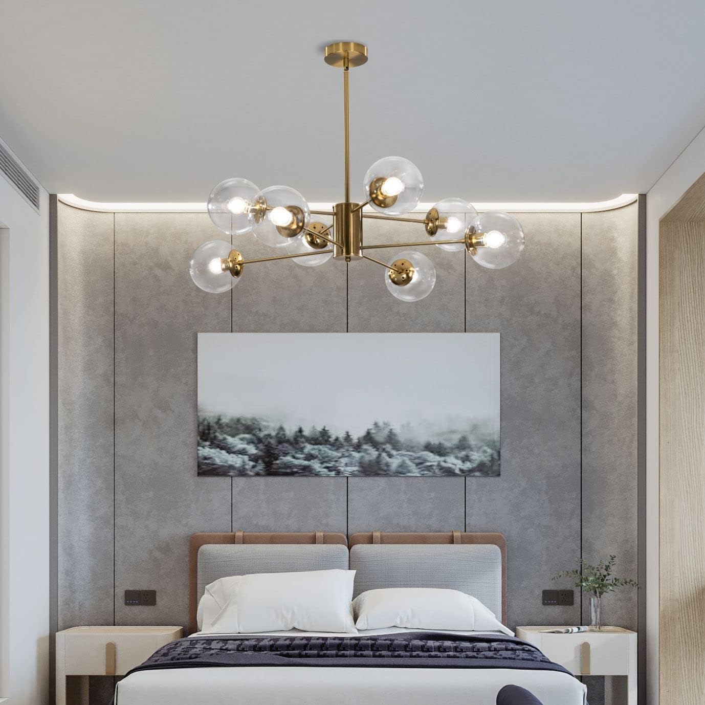 KCO Lighting Modern Sputnik Chandelier 8-Light Clear Glass Globe Ceiling Pendant Light Mid Century Brass Flush Mounted Fixture Kitchen Island (Gold+Clear)