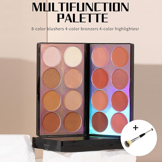 16 Colors Blush Contour Highlighter Makeup Palette with Brush, Shimmer Matte Mineral Face Blush Powder for Cheek, All in One Face Sculpting Bronzer Blusher Illuminator Concealer Palette-GlimoraGlow