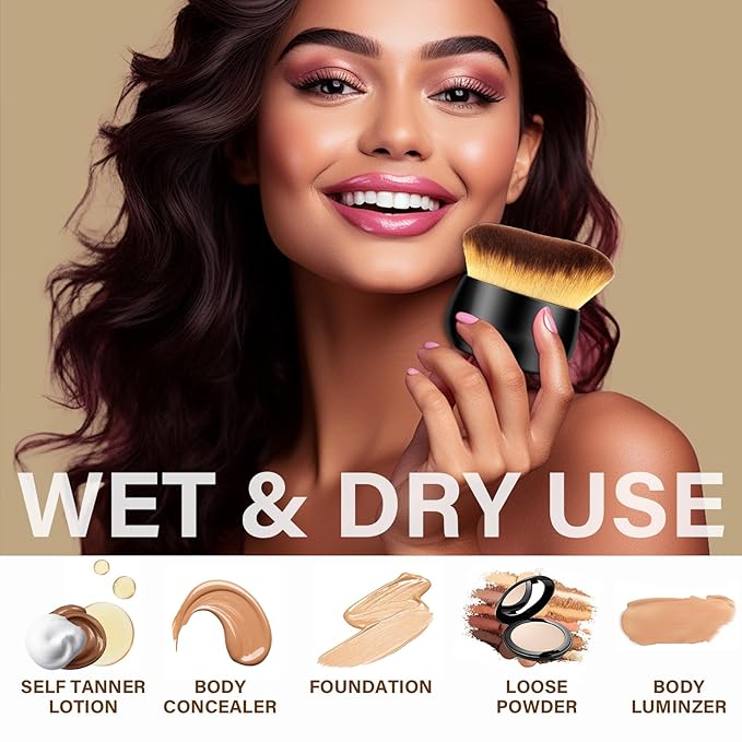 Extra Large Body Makeup Brush For Self Tanner, Leg Makeup &Bronzer Blend,75 mm Wide-headed Kabuki Brush Provides More Even& Pretty Application, Sunscreen Face& Back Makeup Brush, Wet& Dry Use- Black-GlimoraGlow