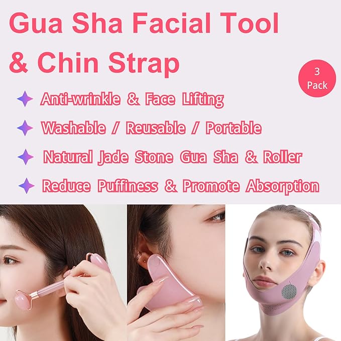 Gua Sha Facial Tools - Jade Roller for Face Beauty Gift Sets Reduces Puffiness, Sleep Mask, Face Lifting Double Chin Strap, Skin Care Massage Self Care Gift for Women-GlimoraGlow