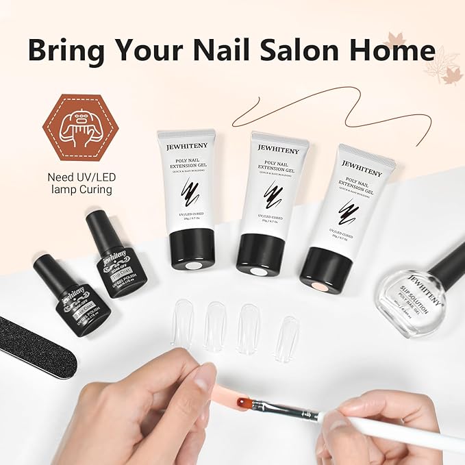 JEWHITENY Poly Extension Gel Nail Set Clear White Pink Poly Nail Gel With Slip Solution Base Coat Top Coat French Manicure for Finger Art and Home DIY Need U V Lamp Curing-GlimoraGlow