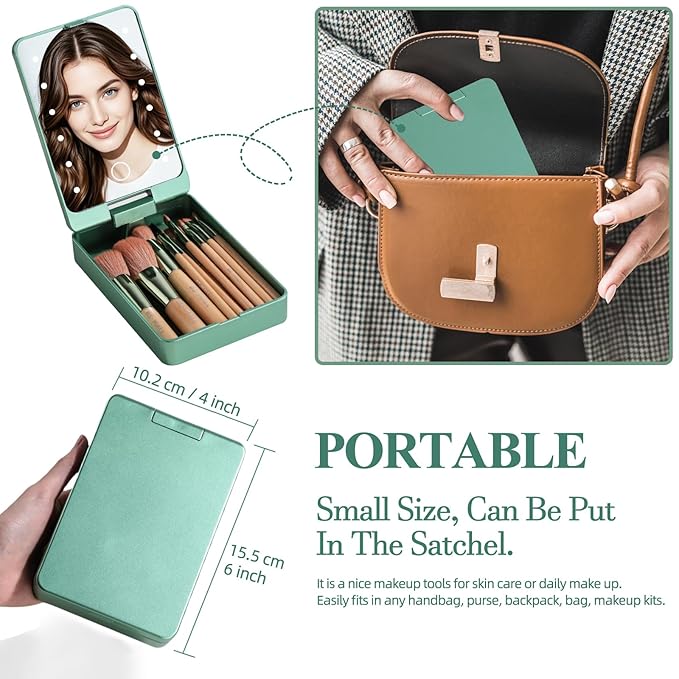 BS-MALL Travel Makeup Brush Set Foundation Powder Concealers Eye Shadows Makeup Set with LED light Mirror 14 Pcs (Green)-GlimoraGlow