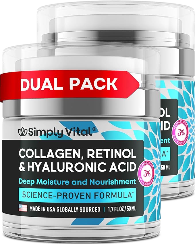 SimplyVital Collagen Face Moisturizer - Anti-Aging Retinol Cream for Face, Neck & Décolleté with Hyaluronic Acid - Made in USA, Daily Moisturizer Face Cream, 2-Pack-GlimoraGlow