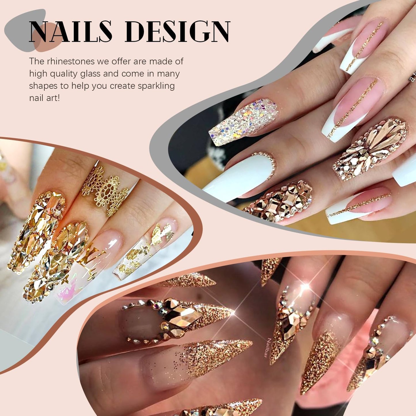 1680Pcs Mineral Gold Glass Nail Rhinestones 180Pcs Multi Shapes Flatback Nail Gems + 1500Pcs 1.5-4mm Round Crystal, Manicure Nail Charms Diamond Gemstones for Acrylic Nails Decoration-GlimoraGlow