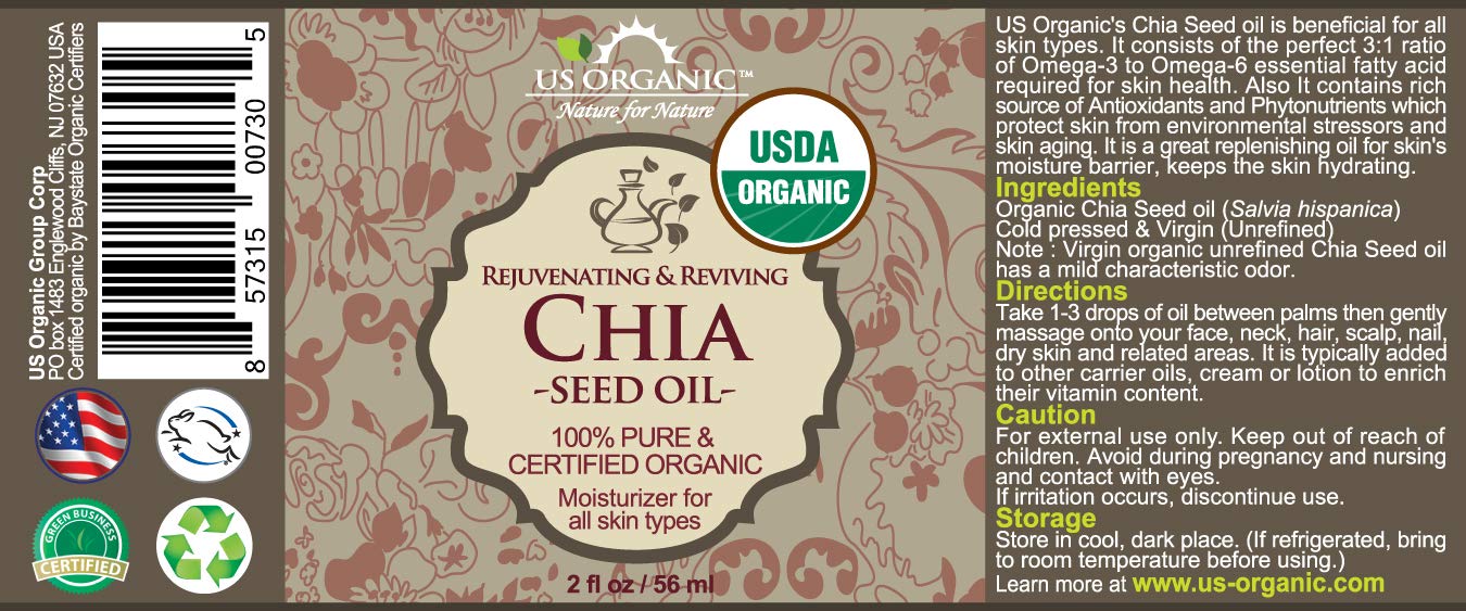 US Organic Chia Seed Oil, Certified Organic, Pure & Natural, Cold Pressed Virgin, Unrefined, Sourced from Paraguay, in Amber Glass Bottle w/Glass Eyedropper for Easy Application (2 oz (56 ml))-GlimoraGlow