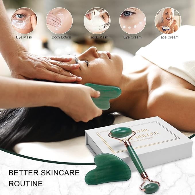 Jade Roller for Face, Facial Roller Massager Skin Care Tool, Gua Sha Facial Tools for Face, Neck, Eyes, Reduce Puffiness of The Skin (Green)-GlimoraGlow