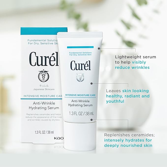 Curel Japanese Skin Care, Anti-Wrinkle Hydrating Serum, Lightweight Serum, Fragrance Free & Colorant Free, For Sensitive Skin, 1.3 Oz-GlimoraGlow