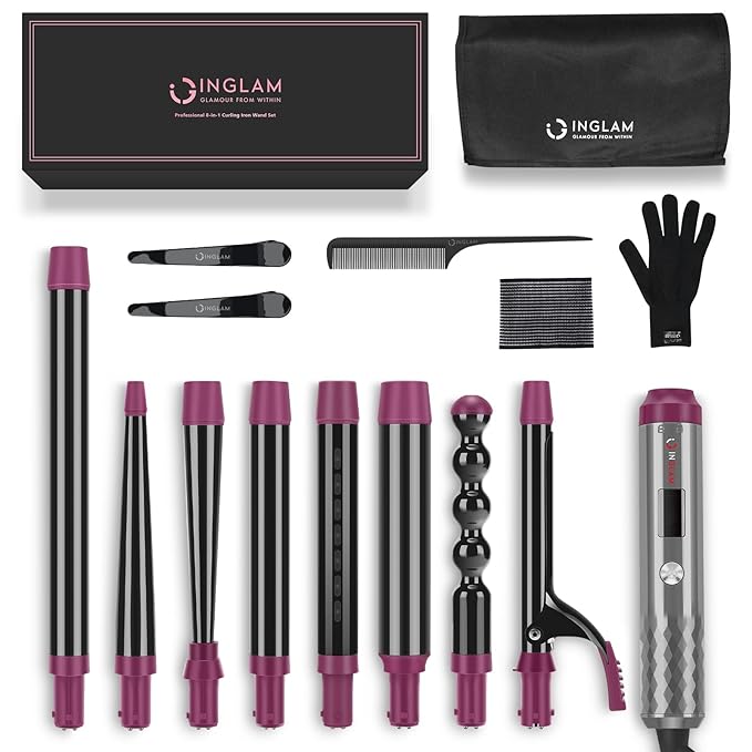 IG INGLAM Curling Iron Wand Set, 8 in-1 Interchangeable Ceramic Barrels with Infrared, Cucurbit, Tapered, Extended, 1in, 1 1/4 in, 3/4in Barrels and Clips-GlimoraGlow