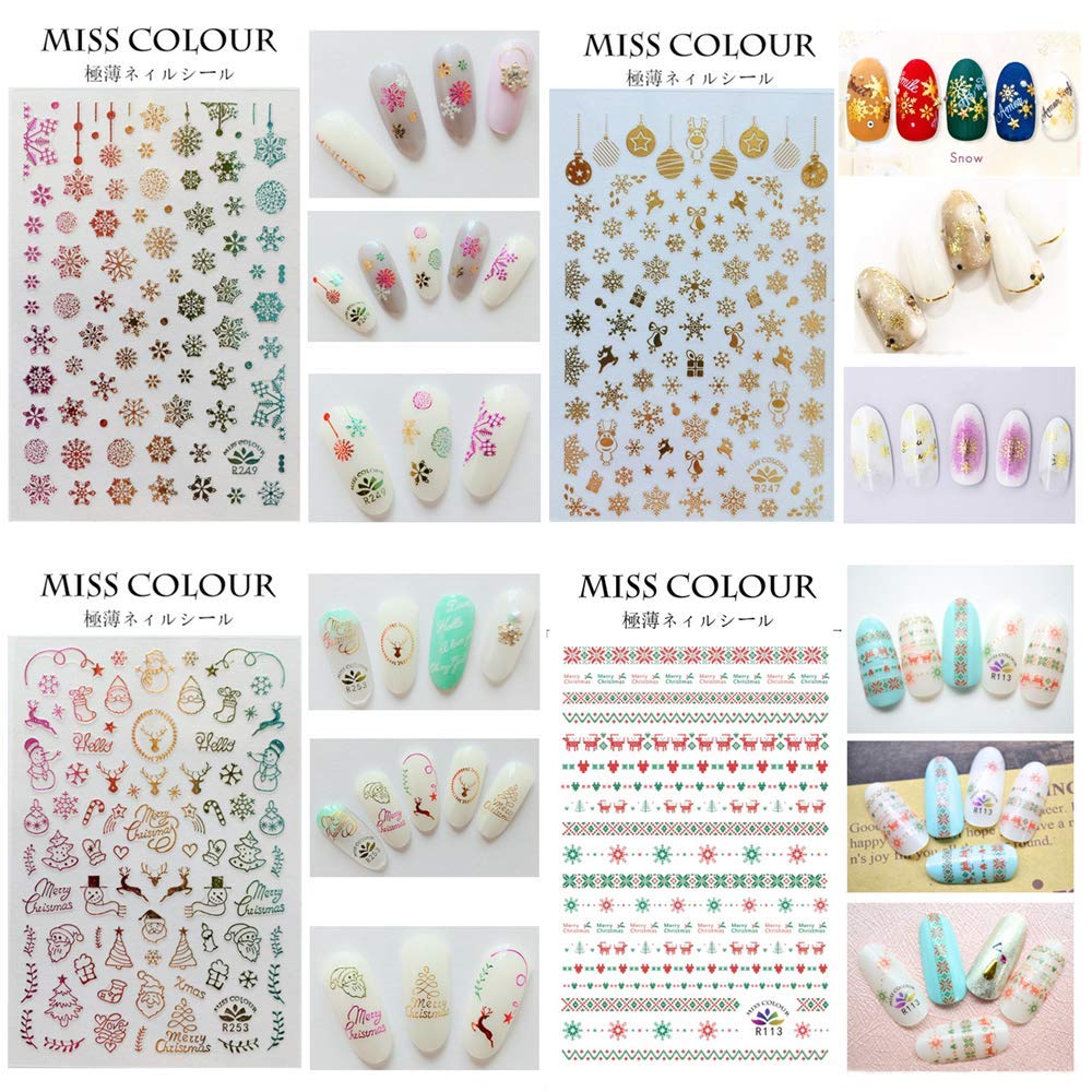 1500+ Patterns Christmas Nail Art Stickers Decals, Kalolary Self-adhesive Nail Stickers Santa Claus Snowflake Snowman Christmas Bell Tree Stick Elk for Christams Nail Decorations (12 Sheet Large Size)-GlimoraGlow