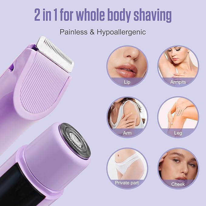 2 in 1 Bikini Trimmer for Women Dual Head Electric Shaver with LED Display,IPX7 Waterproof Wet & Dry, Painless Shaver for Underarm Leg Arm Body Face Private Area Purple-GlimoraGlow