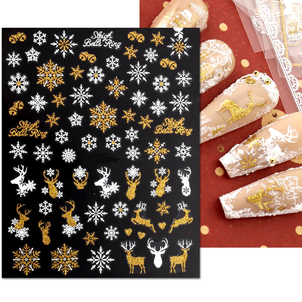 JMEOWIO 9 Sheets Christmas Nail Art Stickers Decals Self-Adhesive Pegatinas Uñas Bling Snowflake Snowman Holiday White Gold Nail Supplies Nail Art Design Decoration Accessories-GlimoraGlow