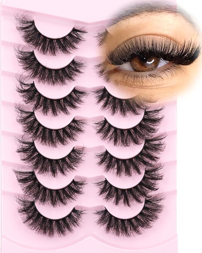 Mink Lashes Fluffy D-Curl False Eyelashes 20mm Long Volume Lashes That Look Like Extensions Cat Eye Fake Lashes Faux Mink Strip Lashes Pack 7 Pairs-GlimoraGlow