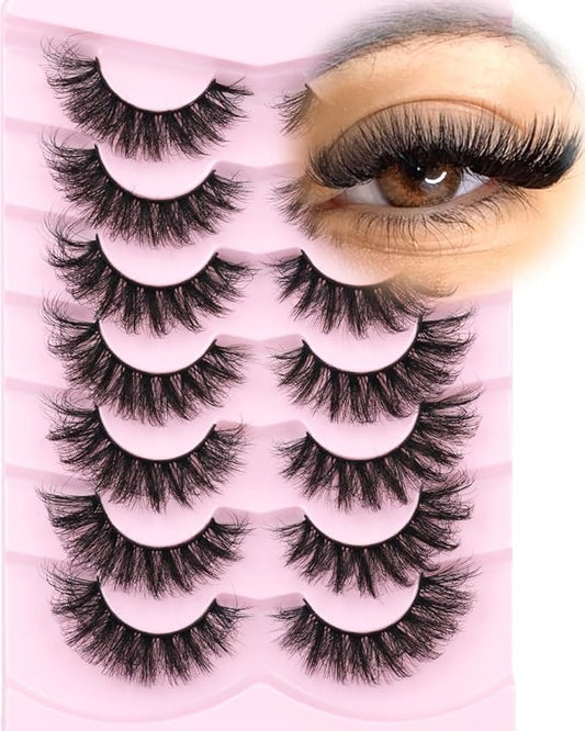 Mink Lashes Fluffy D-Curl False Eyelashes 20mm Long Volume Lashes That Look Like Extensions Cat Eye Fake Lashes Faux Mink Strip Lashes Pack 7 Pairs-GlimoraGlow