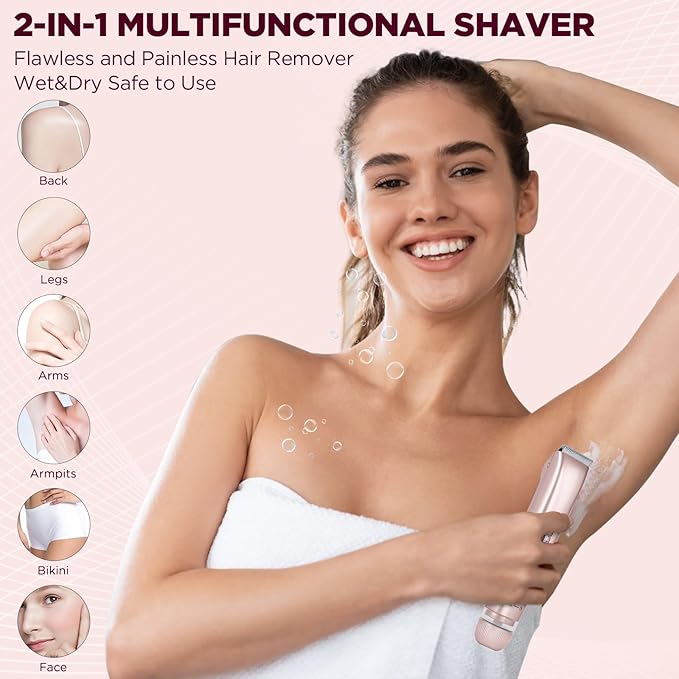 2 in 1 Women Electric Shaver, Dual Head Bikini Trimmer for Women IPX7 Waterproof Wet & Dry Use Electric Razors with Dual Heads Rechargeable Lady Trimmer for Bikini Underarm Leg Arm Body Face-GlimoraGlow