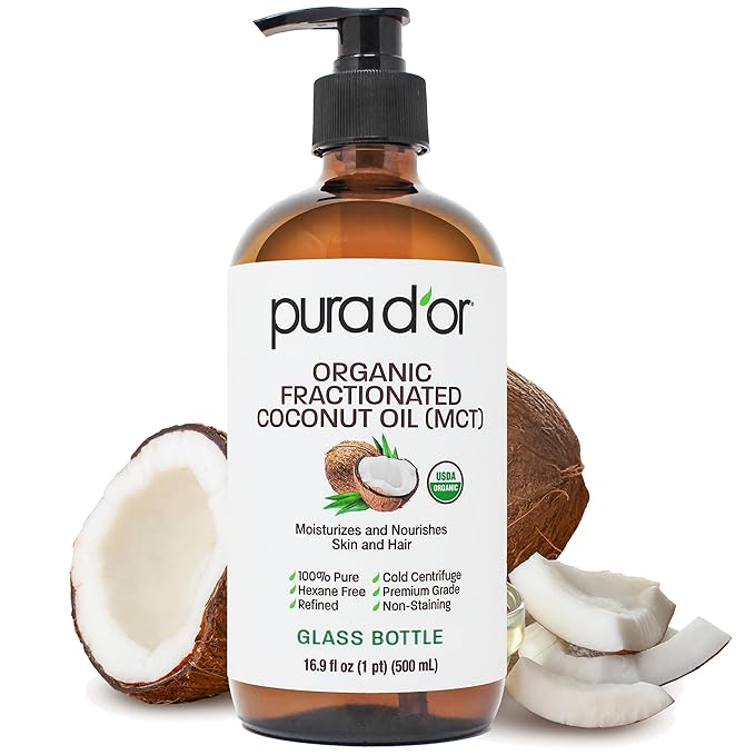 PURA D'OR 16.9 Oz ORGANIC Fractionated Coconut Oil MCT Oil (GLASS BOTTLE) 100% Pure & Natural USDA Certified Cold Pressed - Unscented, Hexane Free Moisturizer For Face, Skin & Hair Tonic - Men & Women-GlimoraGlow