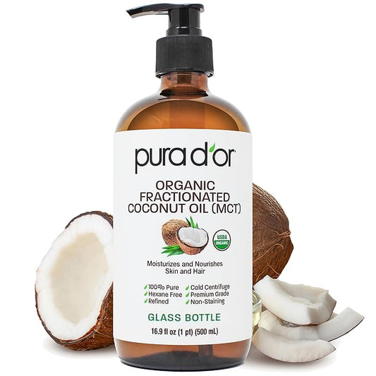 PURA D'OR 16.9 Oz ORGANIC Fractionated Coconut Oil MCT Oil (GLASS BOTTLE) 100% Pure & Natural USDA Certified Cold Pressed - Unscented, Hexane Free Moisturizer For Face, Skin & Hair Tonic - Men & Women-GlimoraGlow