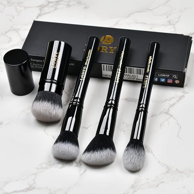 LORYP 4 Pcs Full Face Professional Makeup Brushes Set with Retractable Kabuki Airbrush For Powder,Liquid,Cream,Angled Blush Brush, Foundation Brush, Tapered Highlight Brush-GlimoraGlow