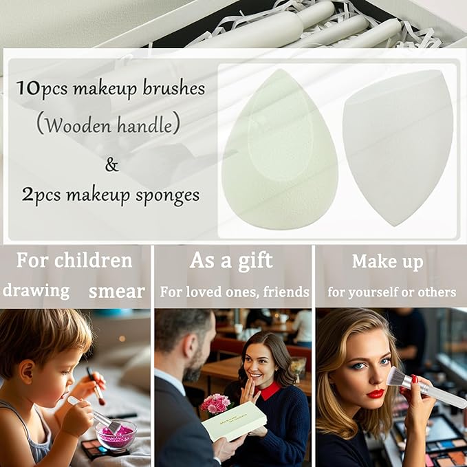 Gift Ready 10 Piece grayish green Makeup Brushs Set and 2 Piece Makeup Sponge – Wooden Handle with Soft Synthetic Bristles, Concealer, Powder – (Ideal for Christmas, Birthday, Women)-GlimoraGlow