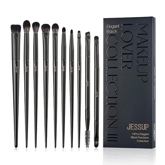 Jessup Eyeshadow Brush Set, 10Pcs Eye Makeup Brushes Professional for Blending Eye Shadow Liner Crease, Duo-end Brow Brush, Elegant Black T337-GlimoraGlow