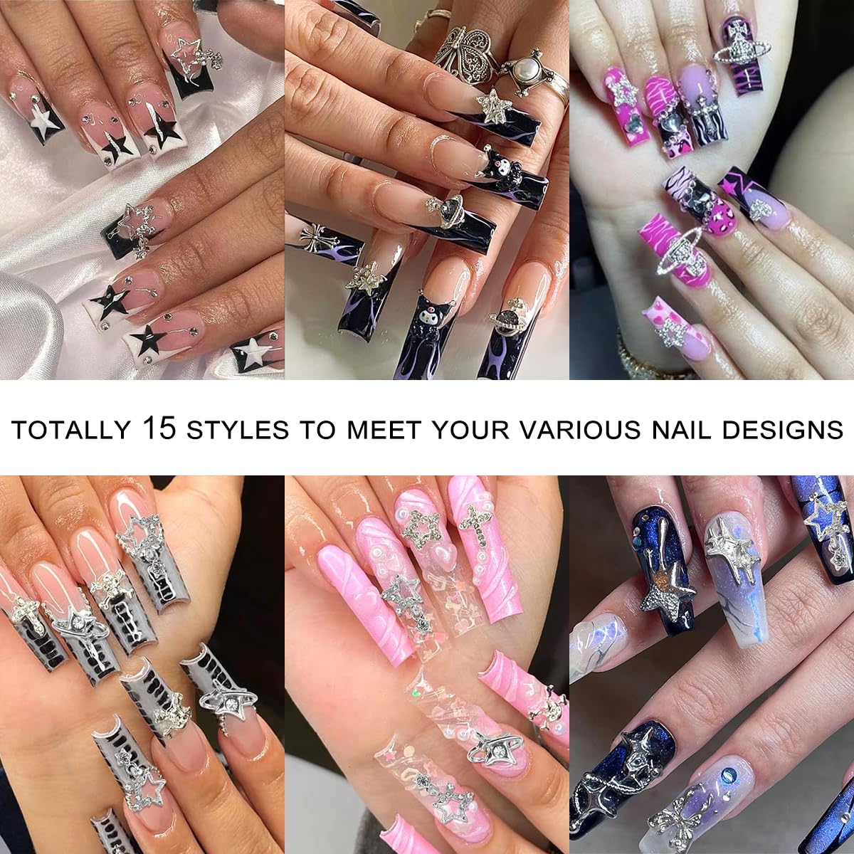 120+ Pcs Star Nail Charms Inlaid Rhinestones Gems, Silver Star Planet Cross Nail Art Decorations Shiny Jewelry for Acrylic Nail Accessories for Women Girl Manicure DlY Crafts Supplies-GlimoraGlow