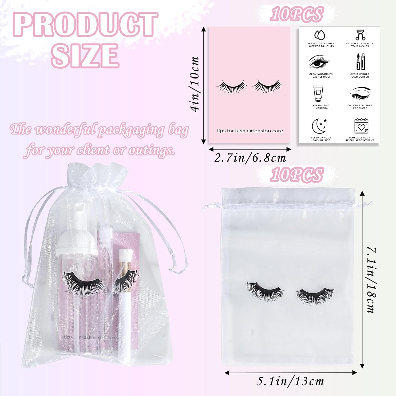50PCS Lash Shampoo Bottles Brushes Set, Empty Lash Shampoo Bottle, Lash Cleaning Brush, Eyelash Extension Tube Brush, Instructions Cards, Aftercare Bags for Lash Business Clients (50pcs in white)-GlimoraGlow