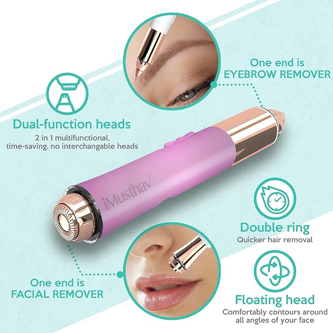 2 in 1 Eyebrow and Facial Hair Remover for Women Painless Flawless Electric Razor Epilator Trimmer Shaver with 18K Gold-Plated, USB Rechargeable, 360° LED for Eyebrow and Face Hair Removal-GlimoraGlow