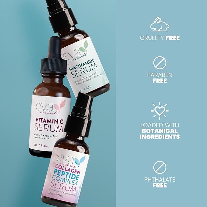 Eva Naturals Firm & Glow Serum Bundle – Vitamin C, Peptide & Niacinamide Serums – Anti-Aging Face Serum Set for Wrinkles, Glow, Pores, Hydration – Collagen Boosting Skin Care Routine-GlimoraGlow