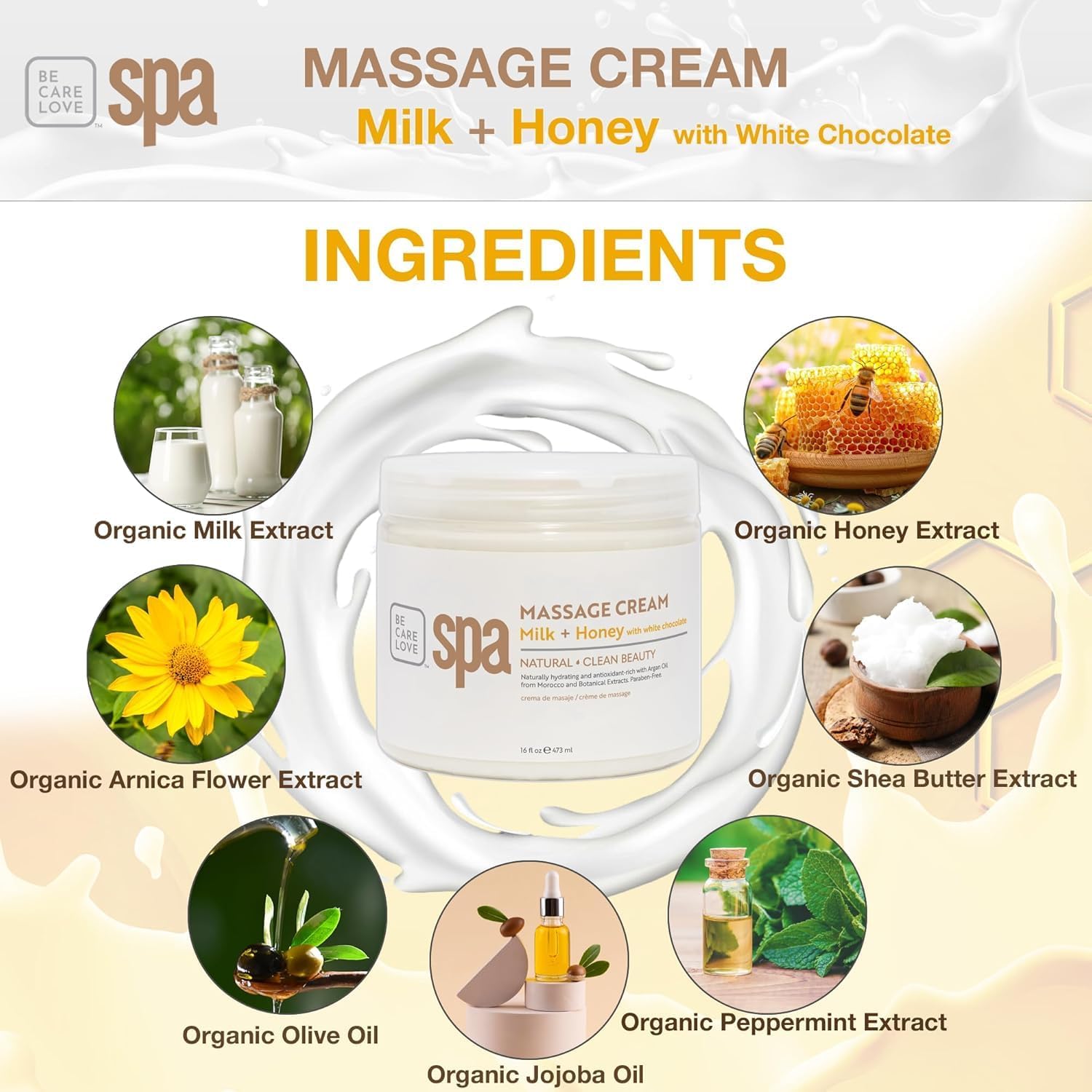 BCL SPA Massage Cream Organic Milk & Honey with White Chocolate Body Lotion, Shea Butter, Aloe Vera, Arnica, Peppermint, Kelp, Tea Tree, Olive, Argan, and Jojoba Oils, Home/Professional Use, 16 fl oz-GlimoraGlow